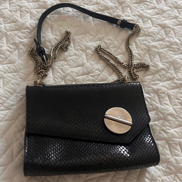 LK Bennett Handbags - LK Bennett Kay Shoulder Bag - Black Snake with Metal strap & accents